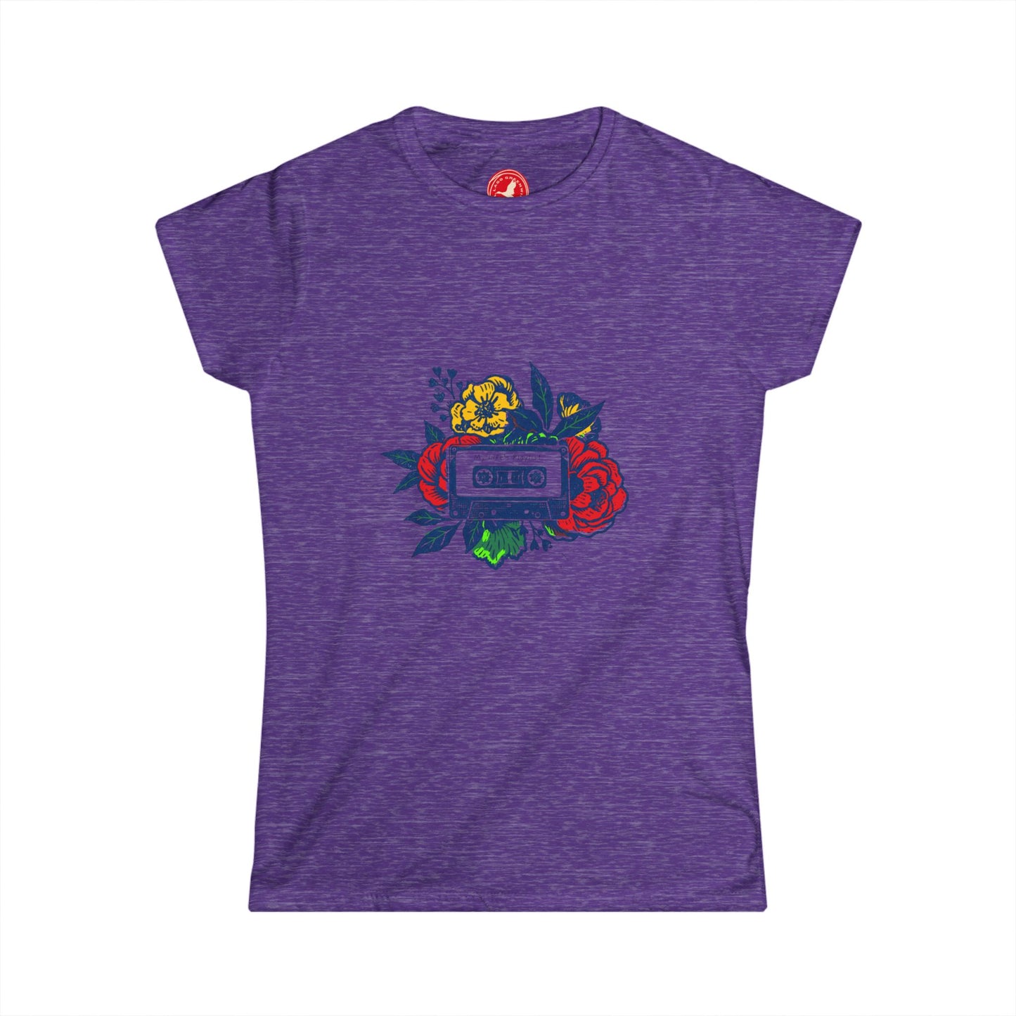 Purple t-shirt with colorful graphic design on a white background