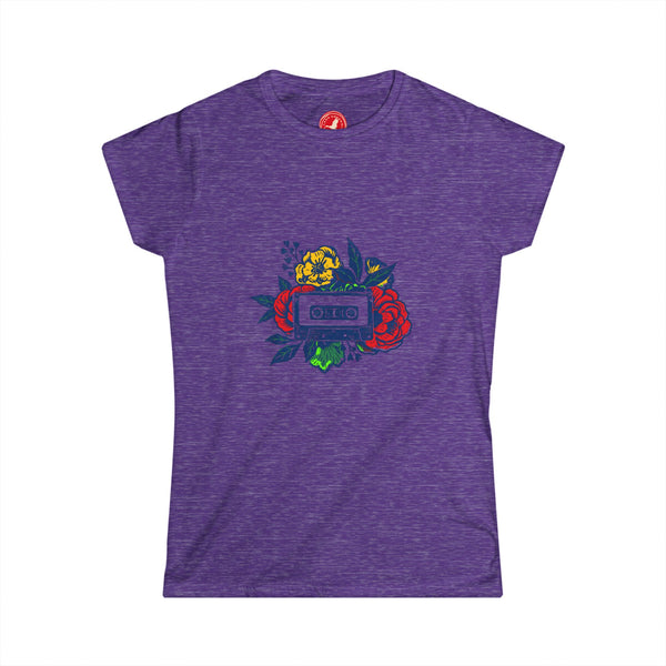 Purple t-shirt with colorful graphic design on a white background