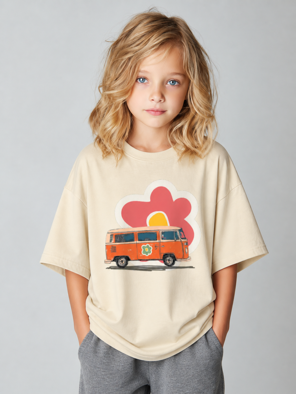 Model wearing the Retro Flower Van graphic t-shirt featuring vintage van artwork inspired by travel and free-spirited adventure.