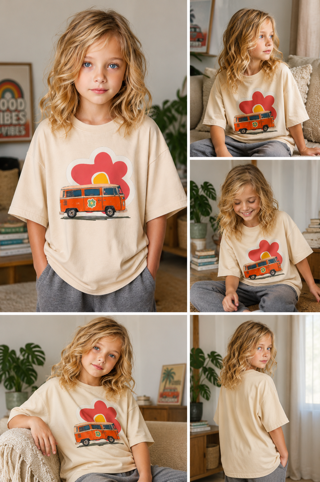 Model wearing the Retro Flower Van graphic t-shirt featuring vintage van artwork inspired by travel and free-spirited adventure.