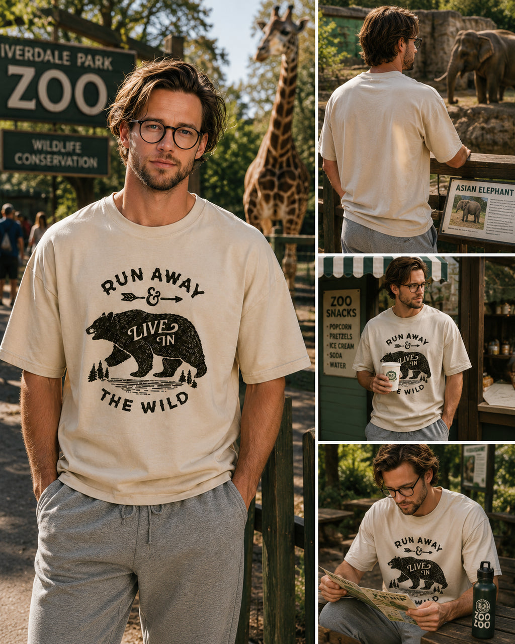 Man wearing a Run Away and Live in the Wild graphic t-shirt featuring bear artwork inspired by wilderness, nature, and outdoor adventure.