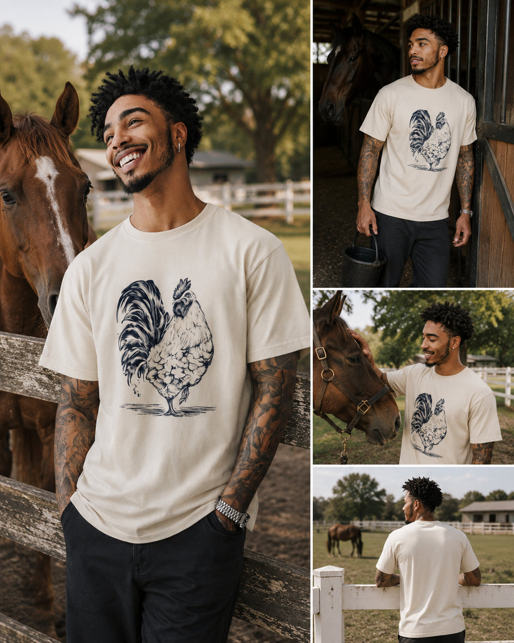 Man wearing a Rustic Rooster graphic t-shirt featuring rooster artwork inspired by rural landscapes and vintage farm illustrations., standing next to a horse in a rural setting.