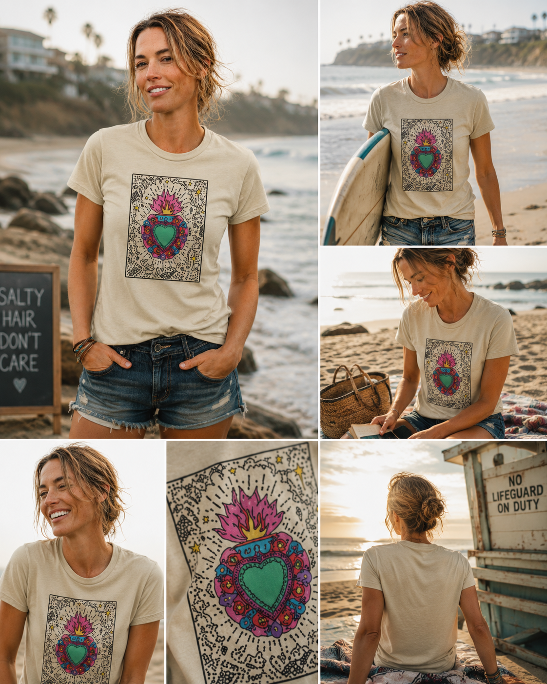 Woman wearing a Sacred Heart graphic t-shirt featuring folk art-inspired heart artwork celebrating tradition, creativity, and cultural expression.