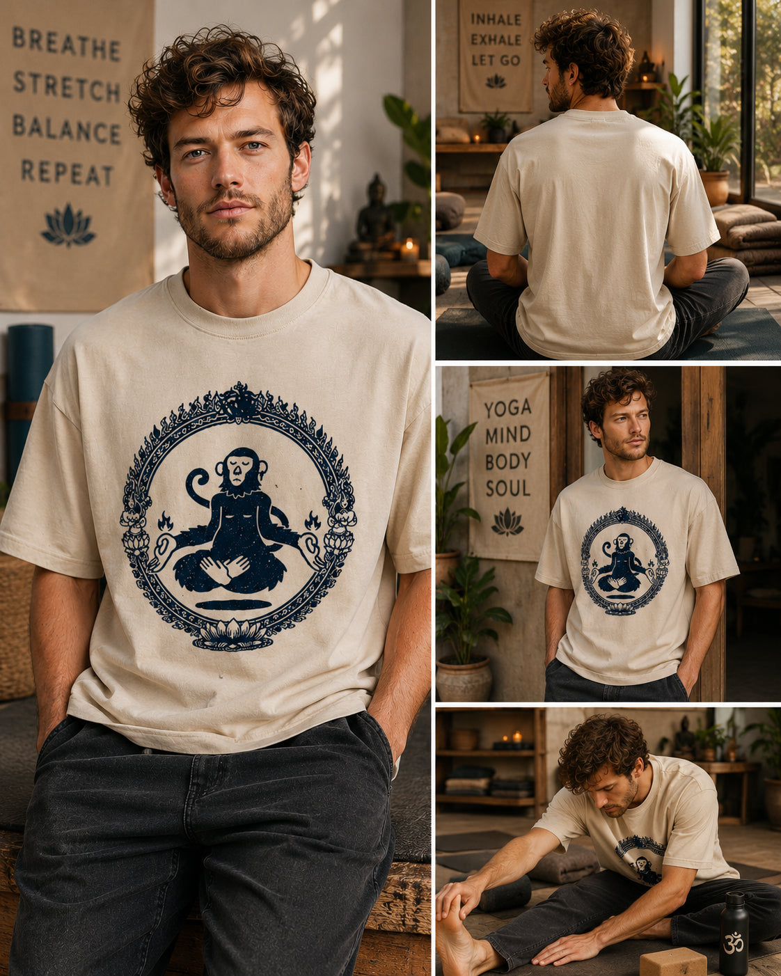 Man wearing a Sacred Monkey graphic t-shirt featuring artistic monkey artwork inspired by folklore, spirituality, and creative expression.