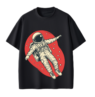 Black t-shirt with an astronaut graphic on a red circle background