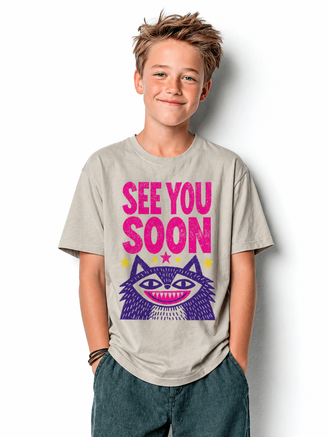 Kid wearing See You Soon Cat oversized graphic t-shirt