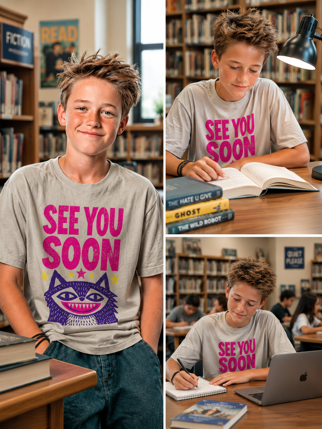 Child wearing See You Soon Cat Graphic Tee featuring colorful smiling cat illustration