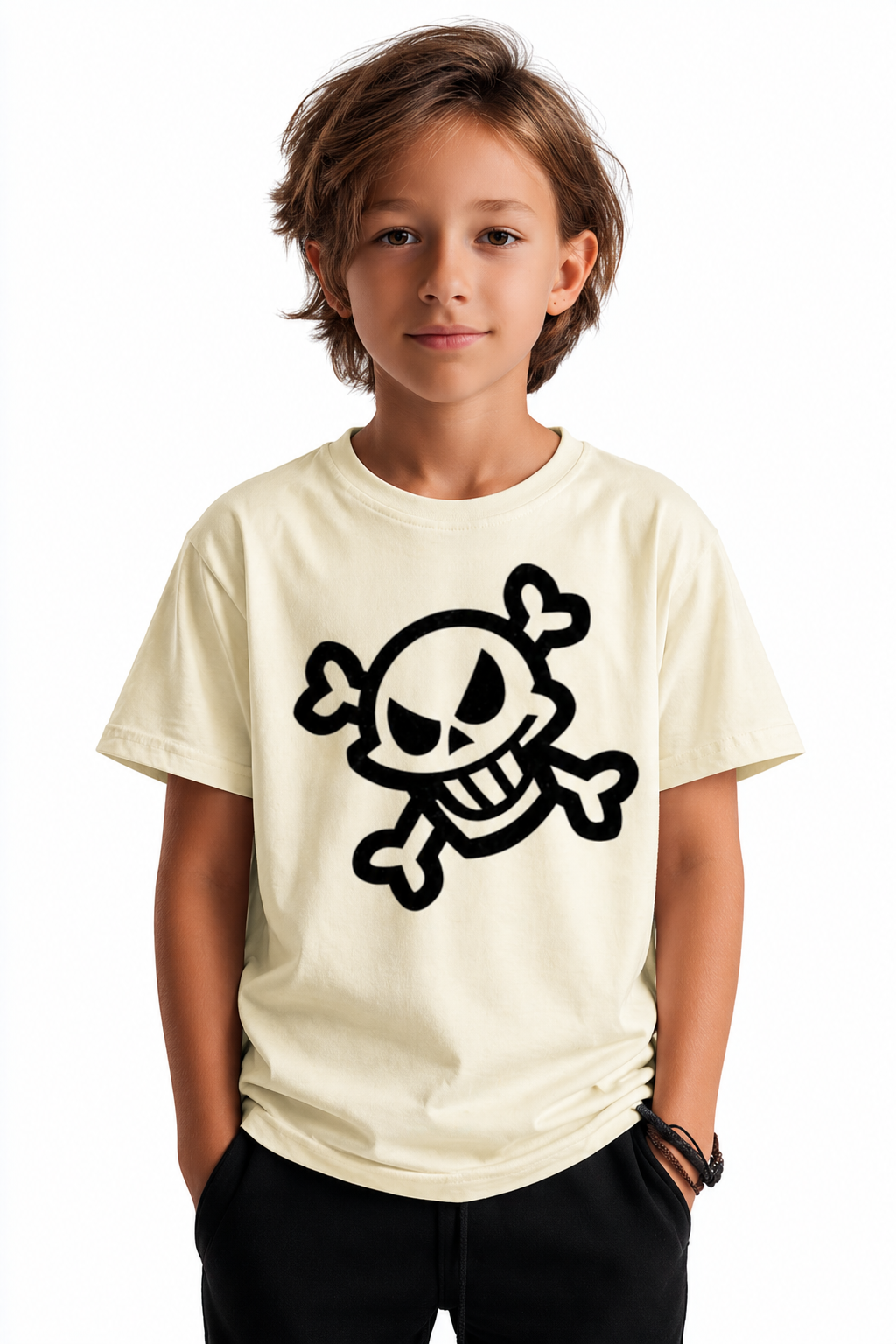 Kid wearing Skull and Crossbones graphic oversized t-shirt