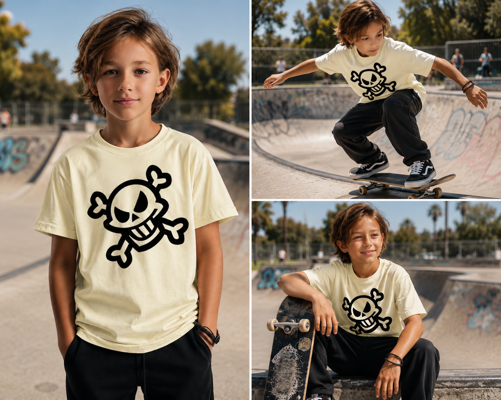 Child wearing Skull and Crossbones Graphic Tee featuring playful pirate-inspired design