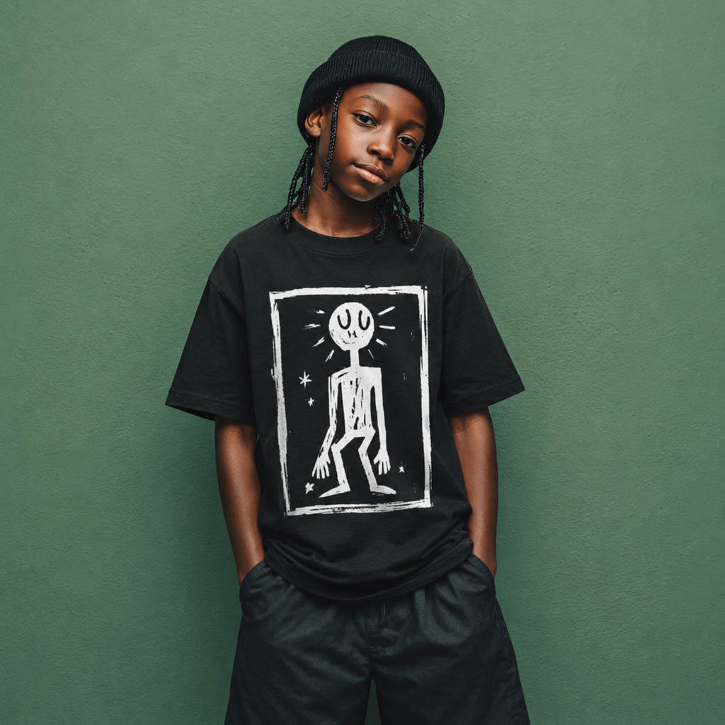Male model wearing Static Figure Tee with framed black and white graphic artwork
