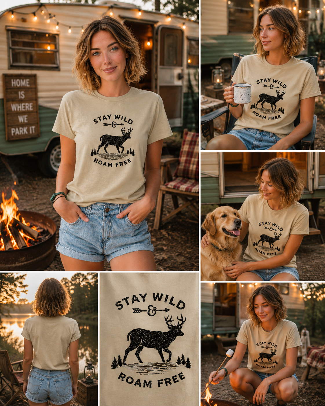 Woman wearing a 'Stay Wild & Roam Free' t-shirt in various outdoor settings.