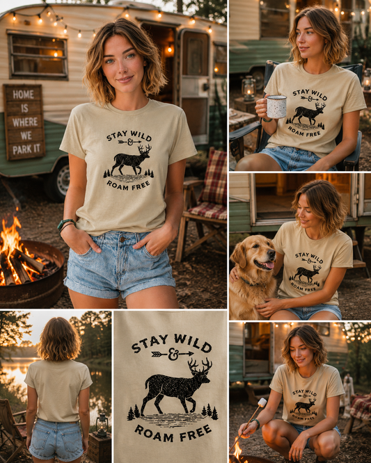 Woman wearing a 'Stay Wild & Roam Free' t-shirt in various outdoor settings.