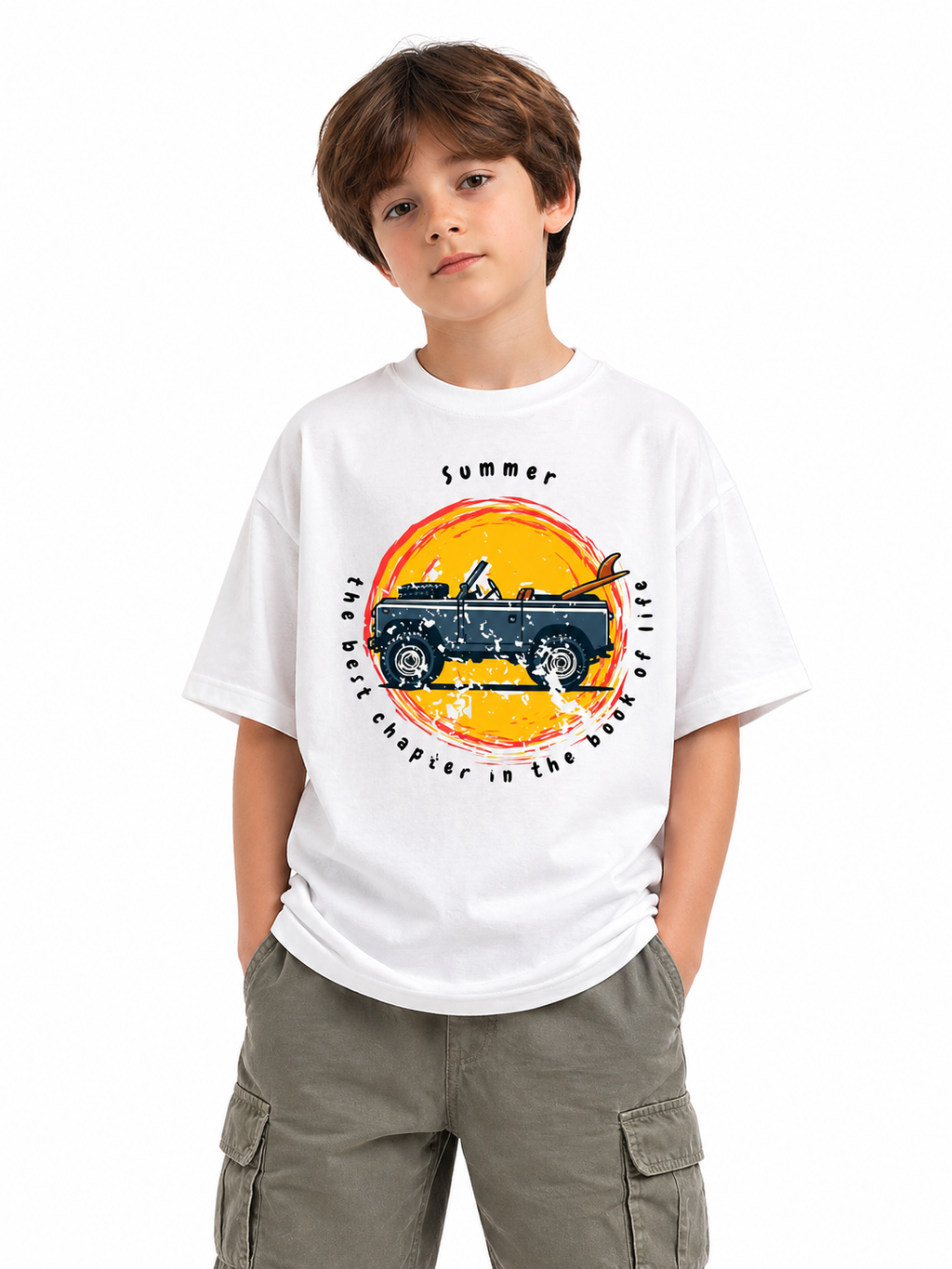 Kid wearing Summer Chapter oversized graphic t-shirt