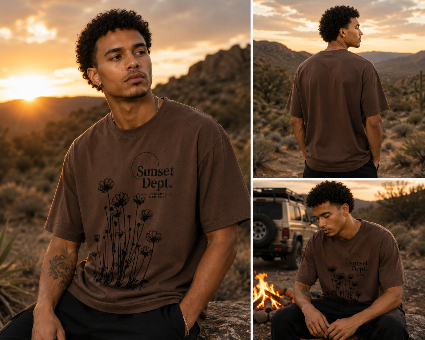 Model wearing a desert-inspired graphic t-shirt featuring artistic landscape artwork blending desert scenery with coastal influences.