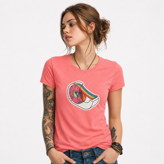 Woman wearing a pink t-shirt with a colorful graphic design on a white background