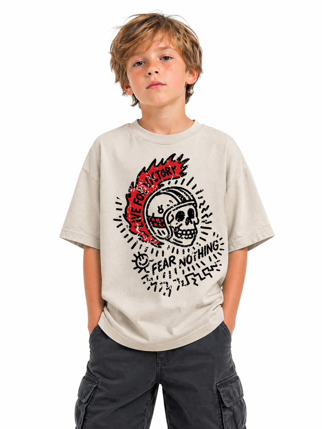 Child wearing a beige t-shirt with a graphic design on a white background
