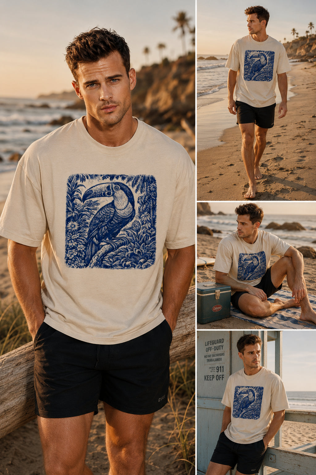 Man wearing a white Vintage Botanical Bird graphic t-shirt featuring botanical bird artwork inspired by nature and vintage illustration.