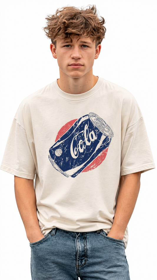 Person wearing a t-shirt with a Coca-Cola graphic design on a white background