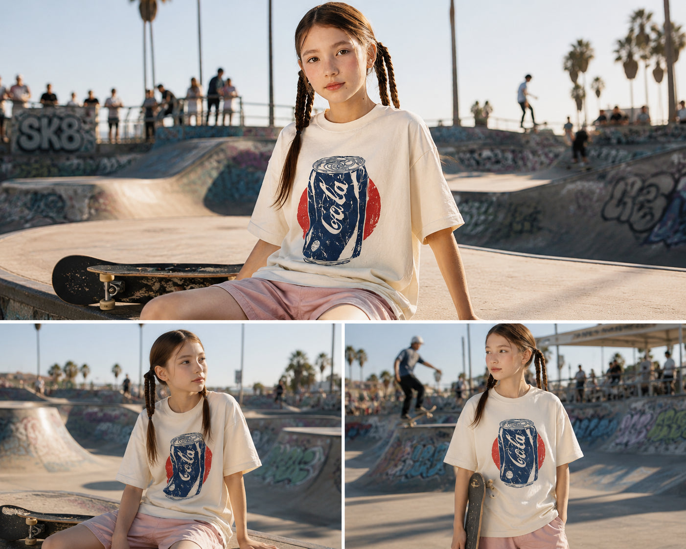 Young model wearing the Vintage Cola Can graphic t-shirt in a skate park setting inspired by retro Americana and vintage soda artwork.