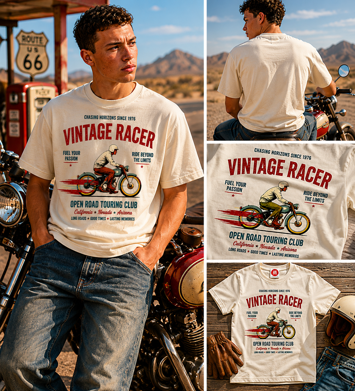Man wearing a 'Vintage Racer' t-shirt with motorcycle graphics, standing next to a motorcycle in a desert setting.