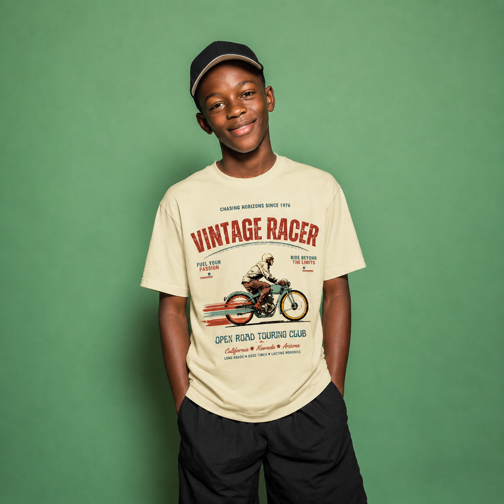 Vintage Street Racer kids t-shirt worn by child model featuring retro motorcycle artwork
