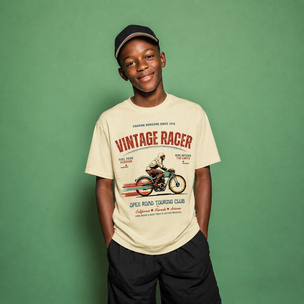 Vintage Street Racer kids t-shirt worn by child model featuring retro motorcycle artwork