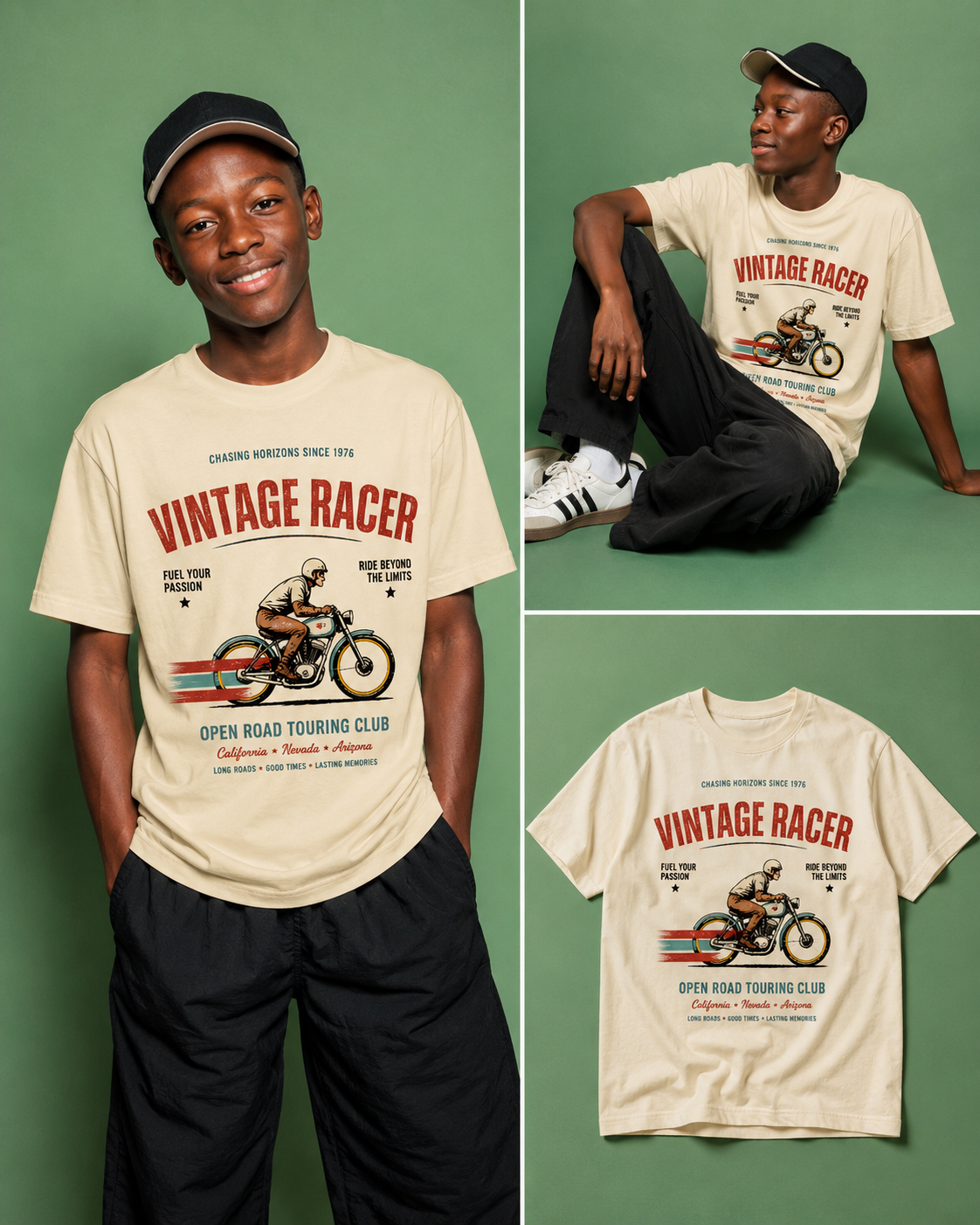 Child model wearing Vintage Street Racer graphic tee with vintage motorcycle design