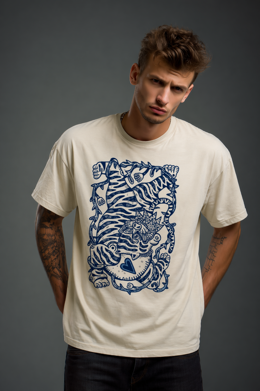 Man wearing a white t-shirt with a blue tiger design on a gray background