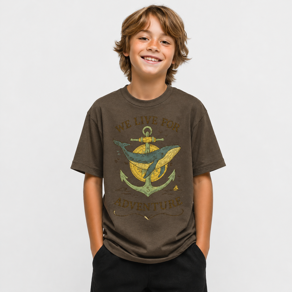 Kid wearing whale adventure graphic oversized t-shirt