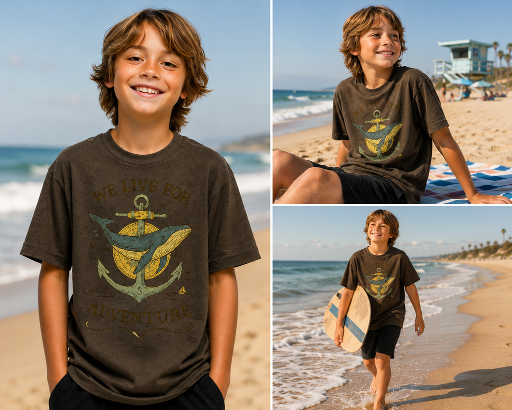 Child wearing We Live for Adventure Whale Tee featuring whale adventure graphic