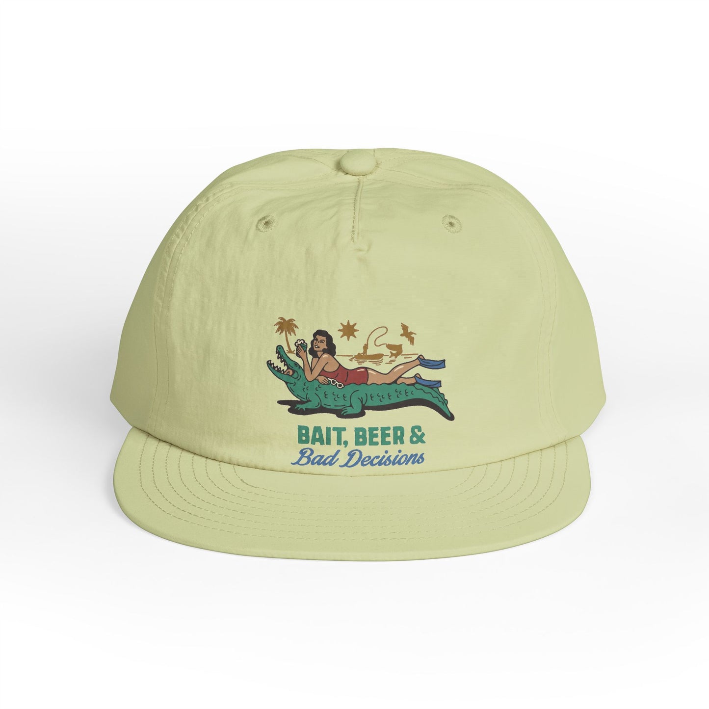 White surfer cap featuring a retro beach graphic with tropical artwork and vintage-inspired design.