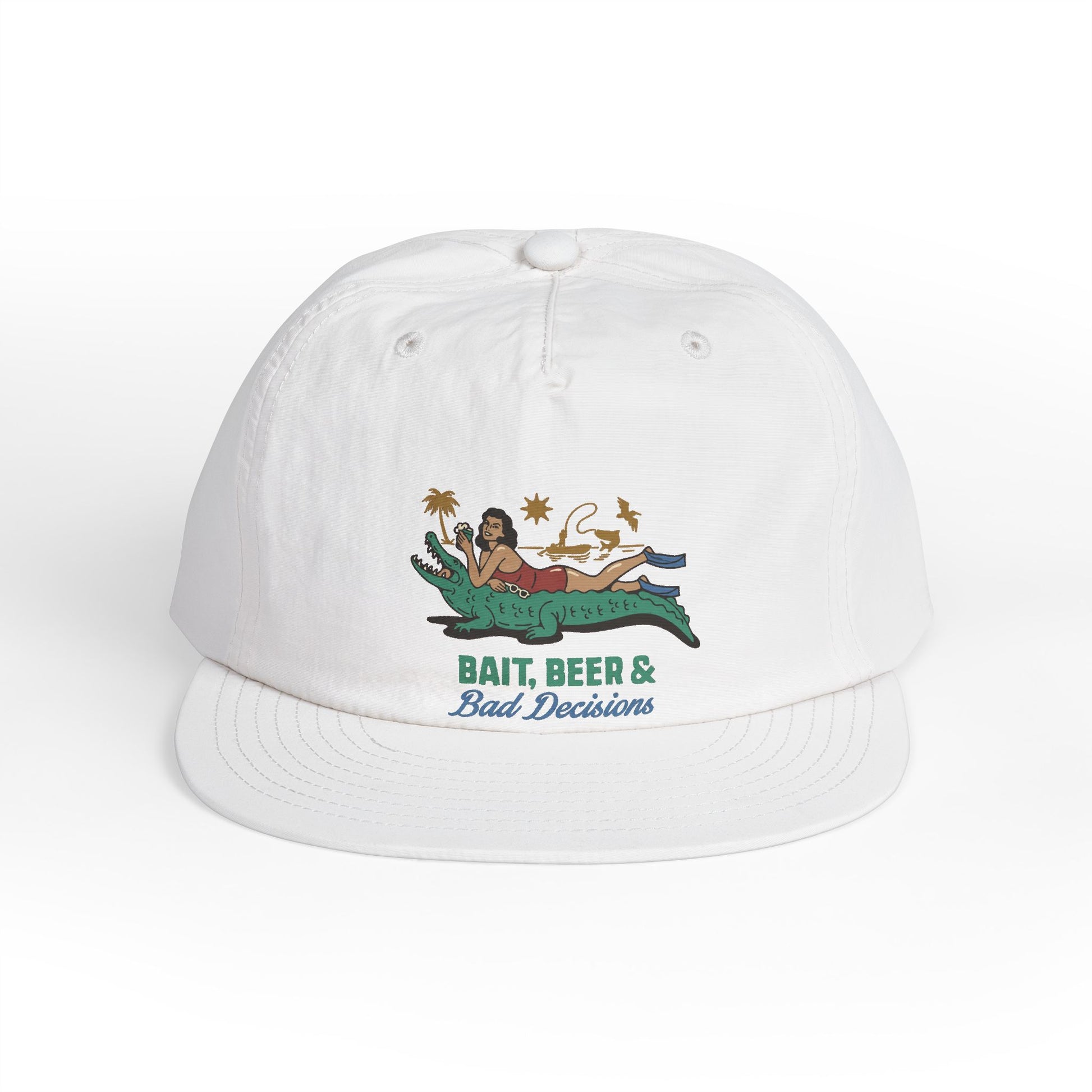 White surfer cap featuring a retro beach graphic with tropical artwork and vintage-inspired design.