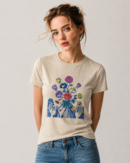 Woman wearing a cream t-shirt with a colorful floral design on a plain background
