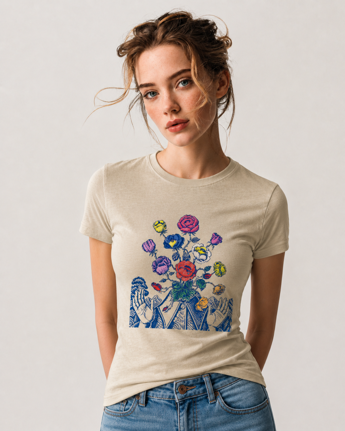 Woman wearing a beige Wild Bloom Hands graphic t-shirt featuring floral hand artwork inspired by nature, creativity, and botanical illustration.