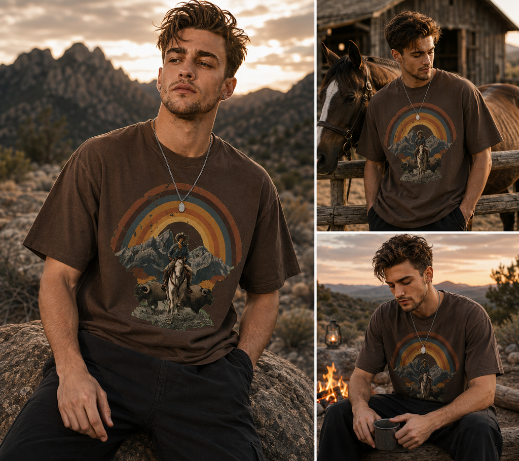 Wild West Sunset Rider graphic t-shirt featuring western sunset artwork inspired by horseback adventure and frontier landscapes.