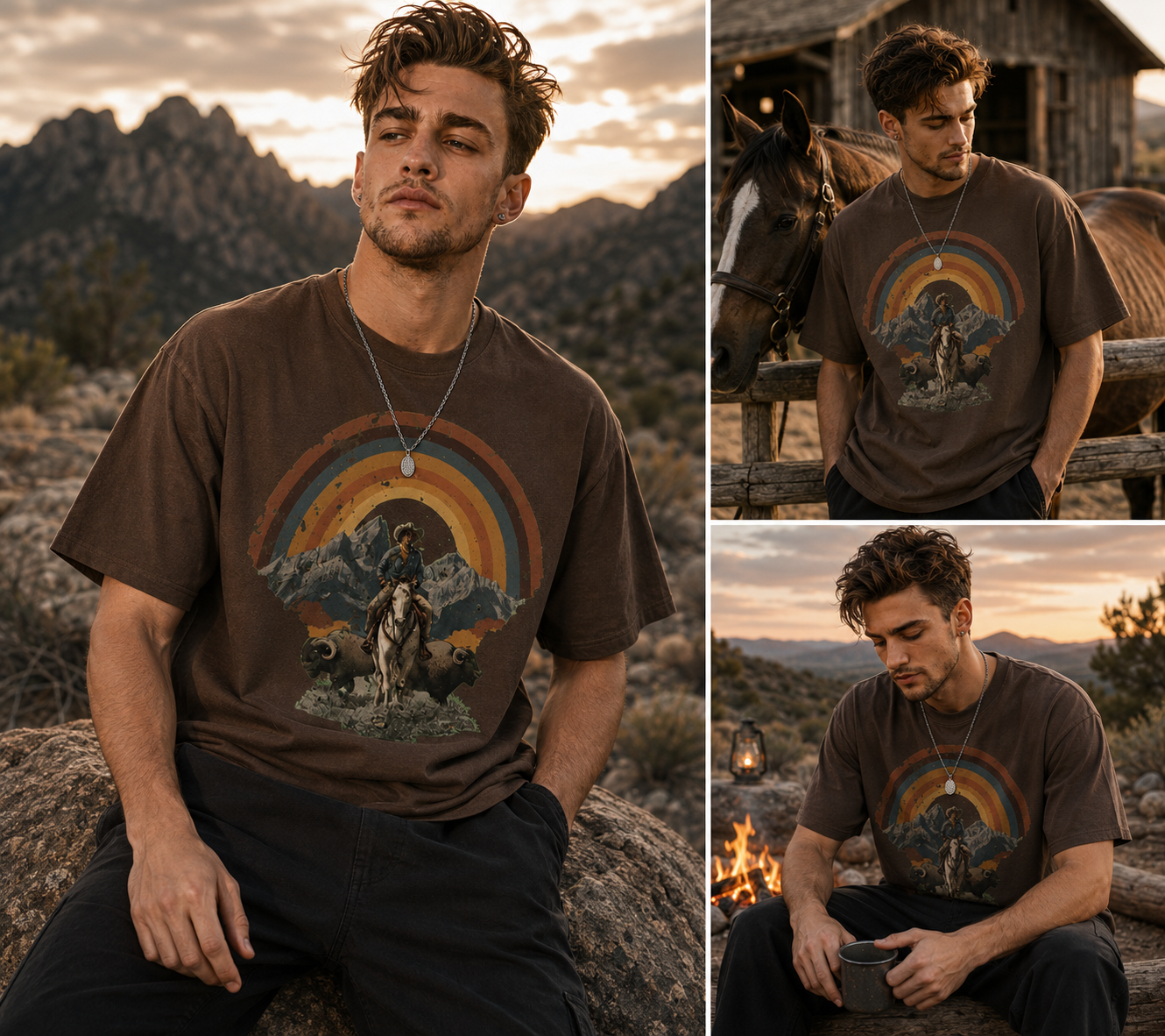Wild West Sunset Rider graphic t-shirt featuring western sunset artwork inspired by horseback adventure and frontier landscapes.