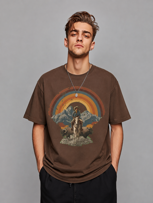Man wearing a brown t-shirt with a graphic design on a gray background