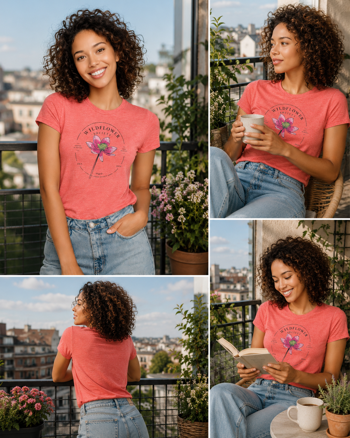 Woman wearing a pink Wildflower Society graphic t-shirt featuring botanical artwork inspired by wildflowers, nature, and free-spirited living.