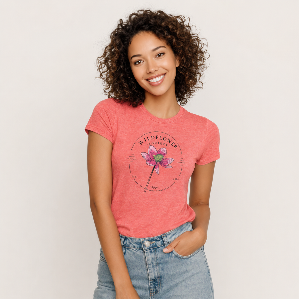 Woman wearing a Wildflower Society graphic t-shirt featuring botanical artwork inspired by wildflowers, nature, and free-spirited living.
