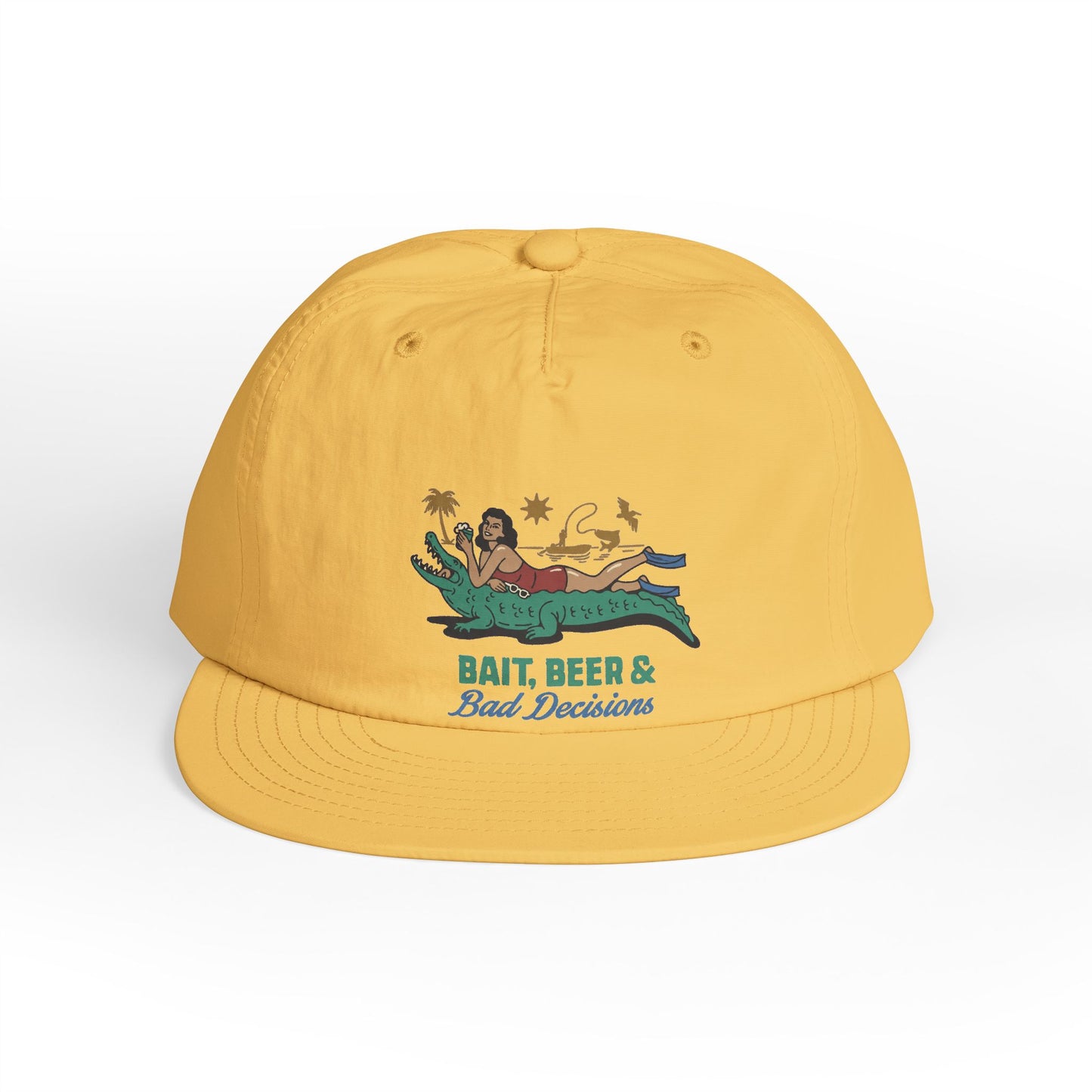 Yellow surfer cap featuring a retro beach graphic with tropical artwork and vintage-inspired design.