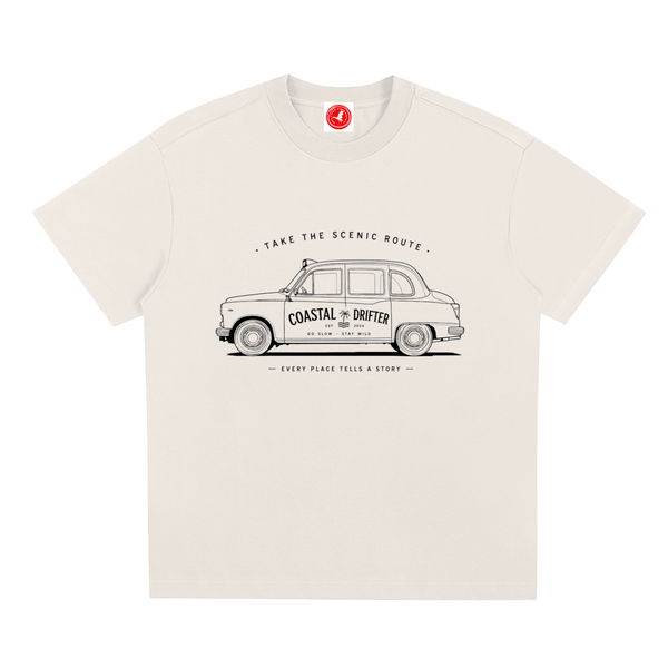 Beige Coastal lifestyle graphic t-shirt featuring beach-inspired artwork for ocean lovers and adventure seekers.