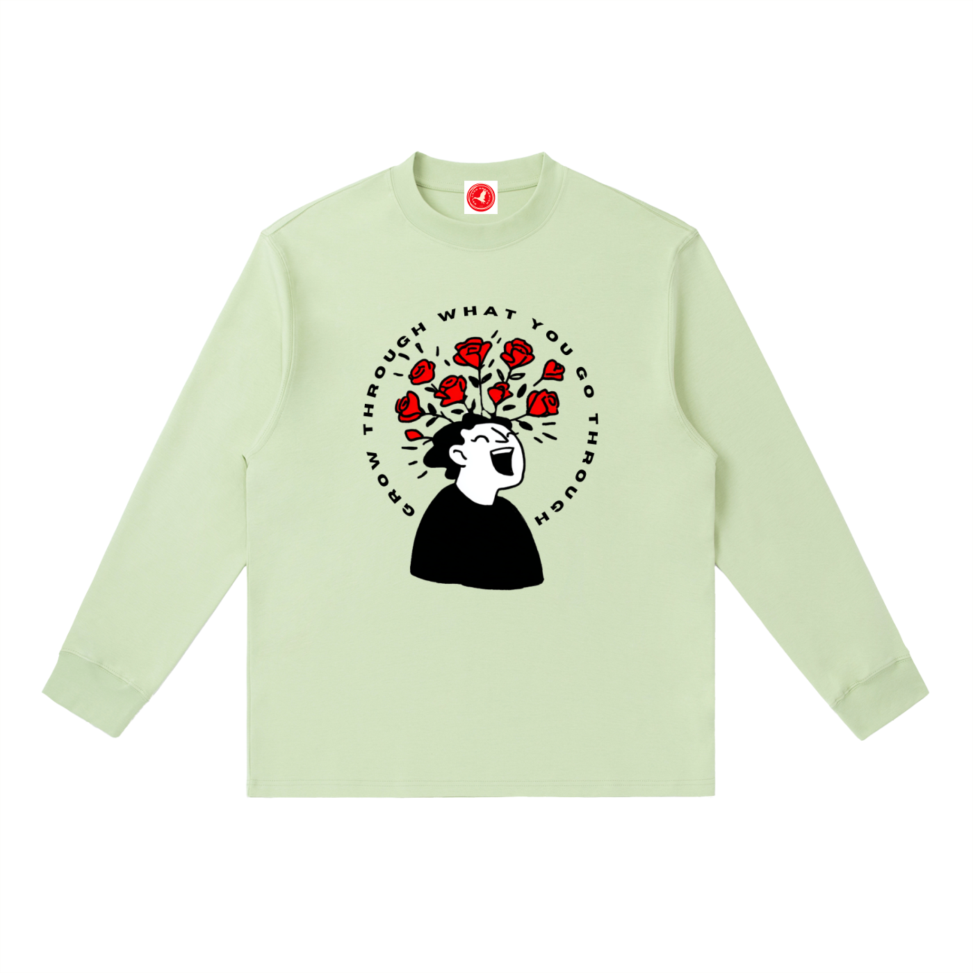 Light green long-sleeve shirt with graphic design on a white background