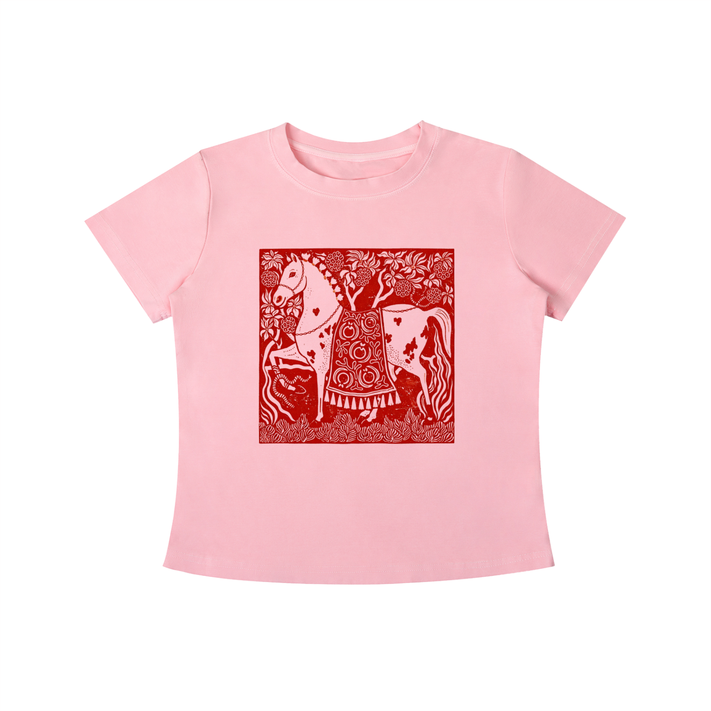 Pink Crimson Horse graphic t-shirt featuring folk art-inspired horse artwork celebrating tradition, creativity, and nature.