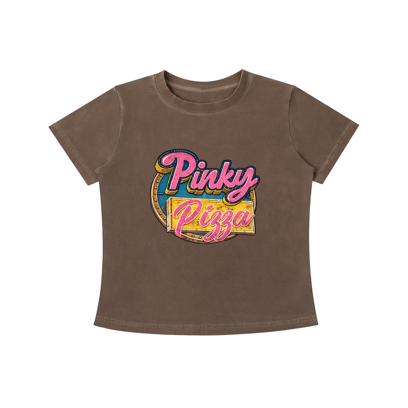 Pinky Pizza graphic tee featuring a colorful retro diner-inspired design.