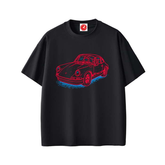 Silent Tactical oversized graphic t-shirt featuring a neon-inspired sports car illustration, available in multiple color options with a relaxed unisex fit.