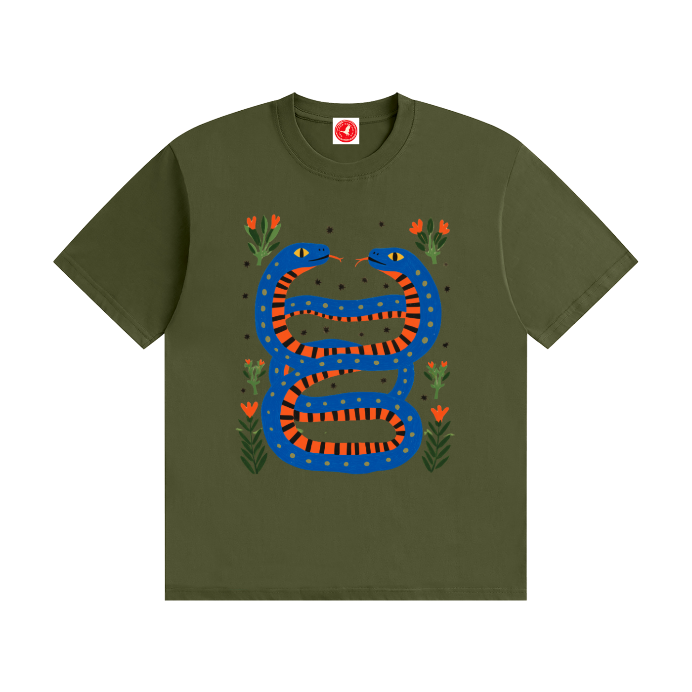 Twin Serpents boys graphic t-shirt featuring original blue and orange serpent artwork with floral accents. Soft cotton short-sleeve tee laid flat on a white background by Del Lago Greenwich.