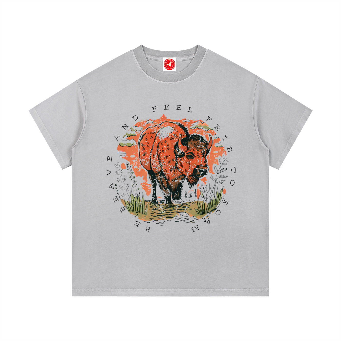 GrayFeel Free to Roam graphic t-shirt featuring buffalo artwork inspired by wildlife, exploration, and the American West.