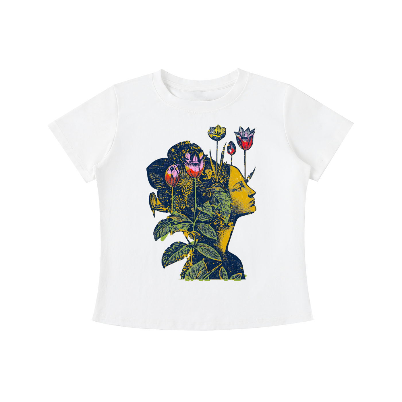 White Floral Mind Silhouette graphic t-shirt featuring artistic portrait artwork blended with botanical elements and creative expression.