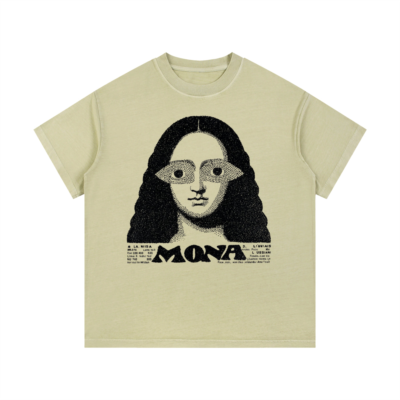 Beige Mona graphic t-shirt featuring artistic portrait-inspired artwork with a modern vintage aesthetic.