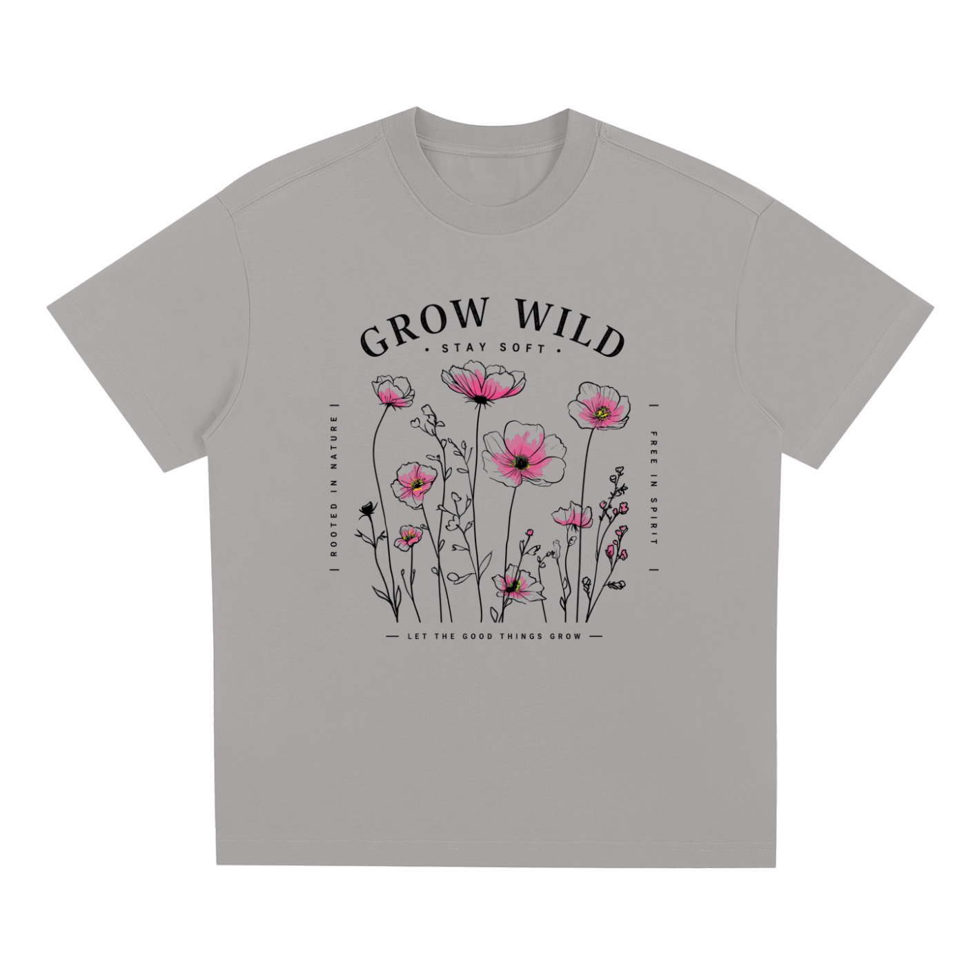 Gray Grow Wild graphic t-shirt featuring nature-inspired artwork celebrating growth, freedom, and wild beauty.
